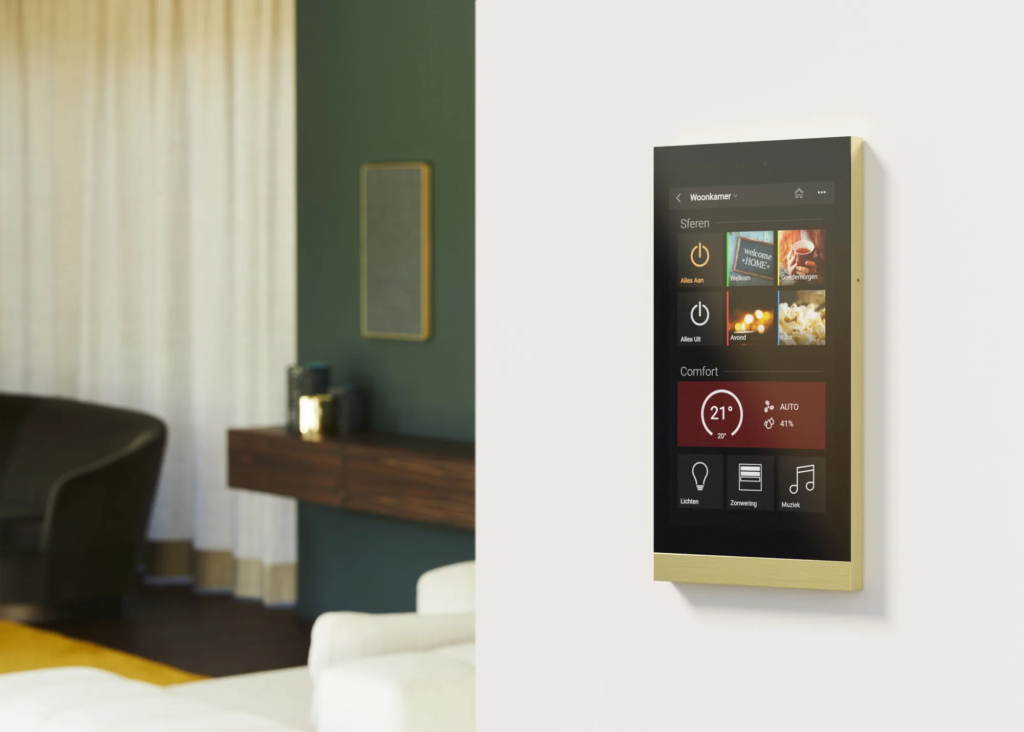 Wall-mounted KNX touch panel controlling lighting, climate and music