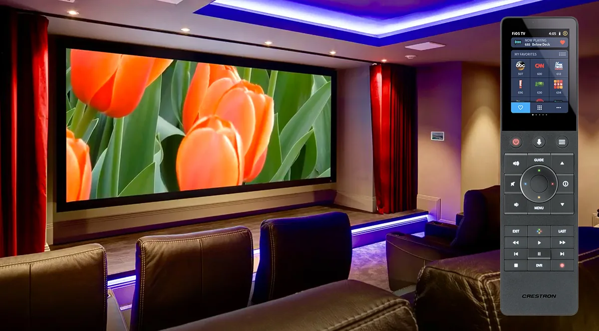 Home theatre with automated lighting and a Crestron touch remote